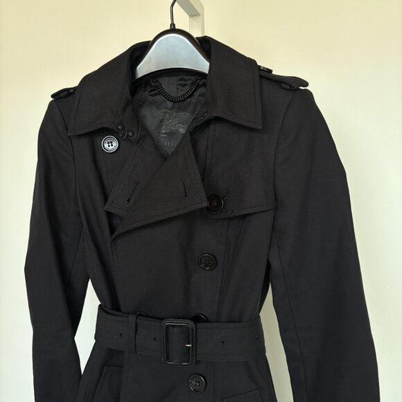 Burberry Double-Breasted Belted-Waist Black Trench Coat Size 0 - Picture 3 of 11